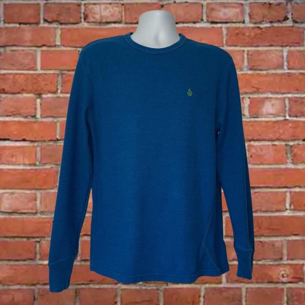 Volcom Men’s Large Blue Thermal Waffle Knit Long Sleeve Shirt Green Logo Skate